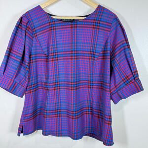 Eloquii Womens Plus Size Blouse Ballon Sleeve Plaid Round Neck Blue Pink Size 18